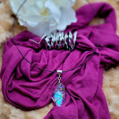 Wire Wrapped Crystal Necklace, Unique Holographic Pendant, Quartz Choker, Spiritual Gift, Energetic Healing Jewellery, Boho Chic Accessory