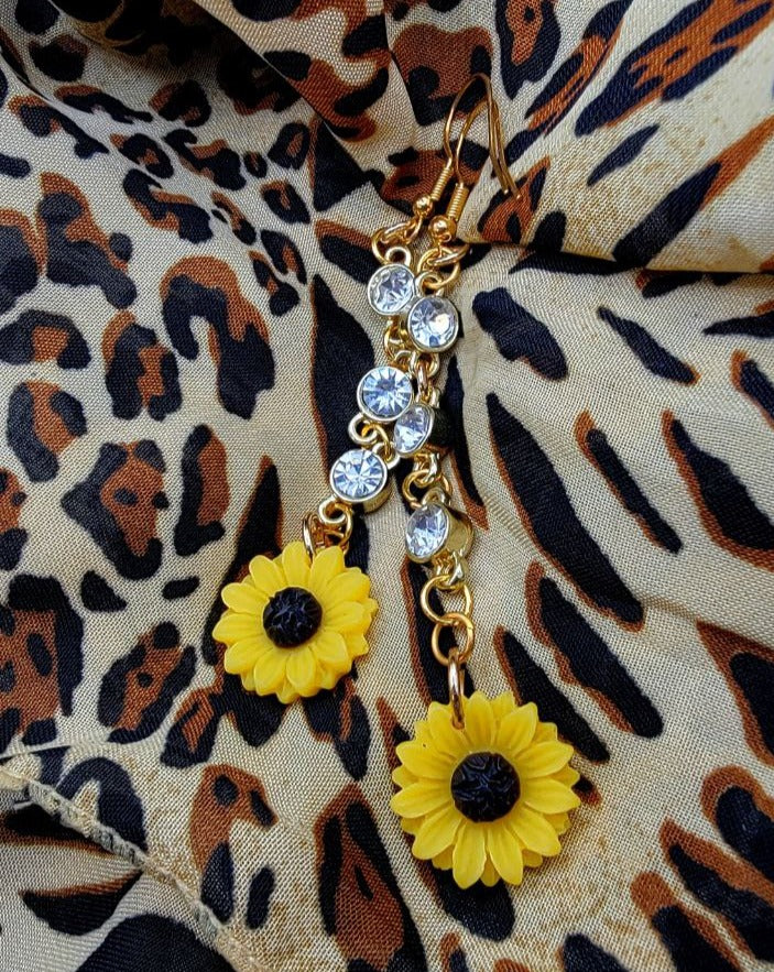 Long Sunflower Dangle Earrings, Symbol of Happiness in Pendant Form, Elegant Gold Rhinestone Jewelry, Joyful & Radiant Accessory