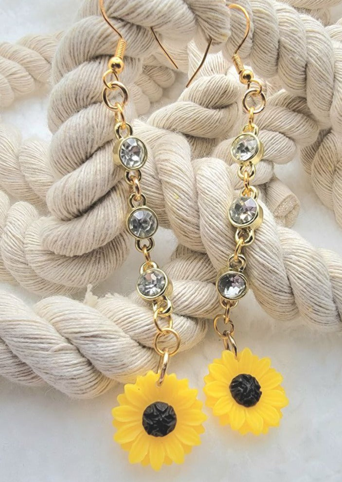 Long Sunflower Dangle Earrings, Symbol of Happiness in Pendant Form, Elegant Gold Rhinestone Jewelry, Joyful & Radiant Accessory