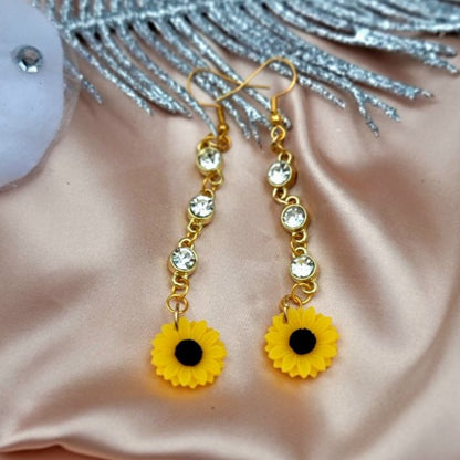 Long Sunflower Dangle Earrings, Symbol of Happiness in Pendant Form, Elegant Gold Rhinestone Jewelry, Joyful & Radiant Accessory