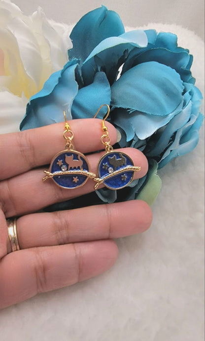 Cat and Moon Drop Earring, Feline Celestial Charms, Blue Celestial Moon Earring