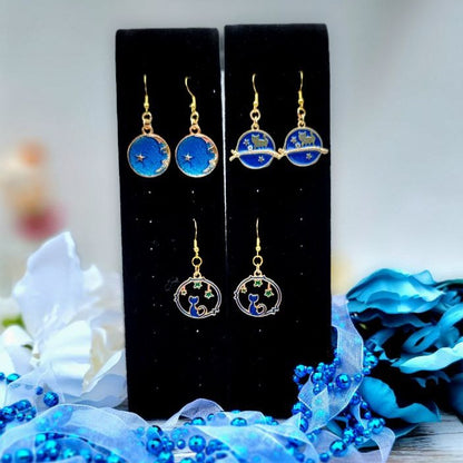 Cat and Moon Drop Earring, Feline Celestial Charms, Blue Celestial Moon Earring